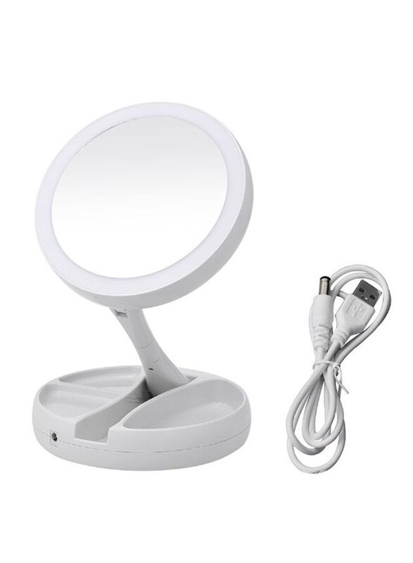 

Generic Vanity Folding Make-Up Mirror with Storage Box and Lights, White