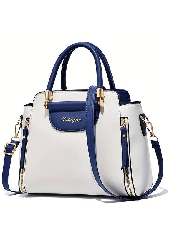 

Pahajim PU Leather Large Capacity Casual Shoulder Bag for Women, White/Blue