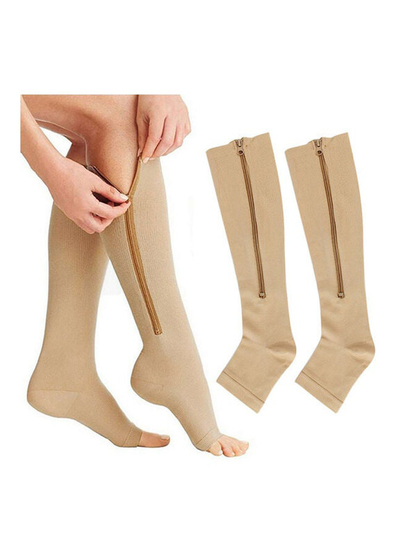 

Generic Zipper Leg Calf Sleeves Toeless Compression Socks, Beige, S, 2 Pair