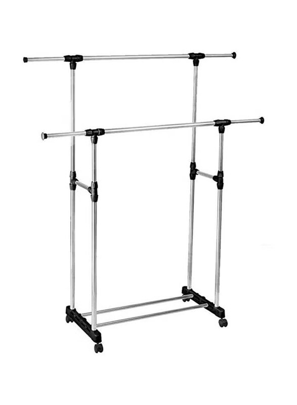 

Generic Metal Cloth Rack Double Pole Telescopic Clothes Hanger, Silver/Black