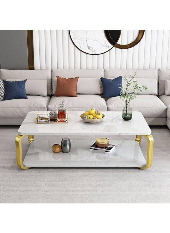 

DubaiGallery Marble Texture Wooden Combination Round Coffee & Tea Table, White/Gold