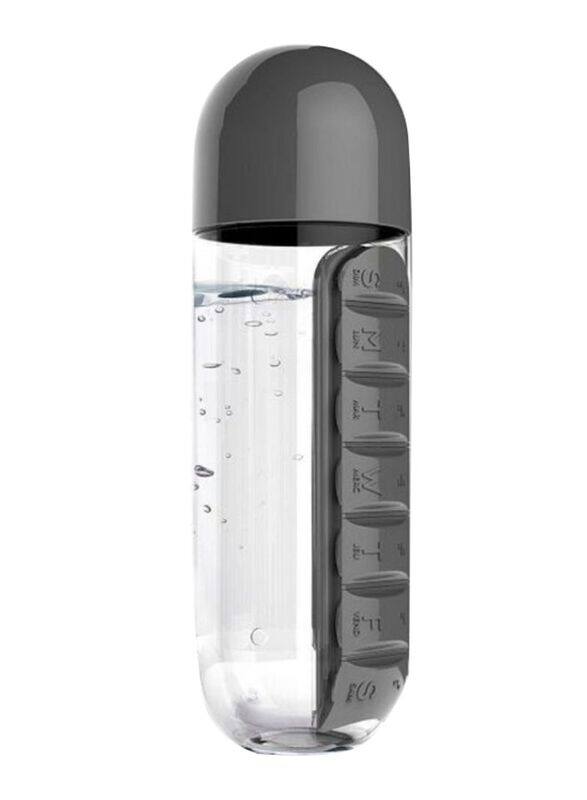 

Generic 600ml Polypropylene Water Bottle with Daily Pill Box Organizer, YH001, Black/Clear