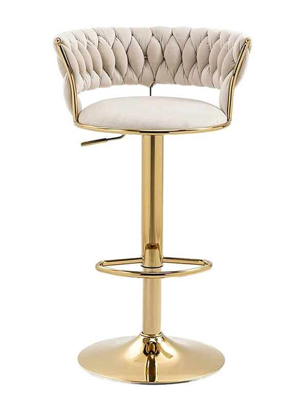 

DubaiGallery Adjustable 360° Rotating Velvet Metal High Bar Stool with Backrest, White/Gold