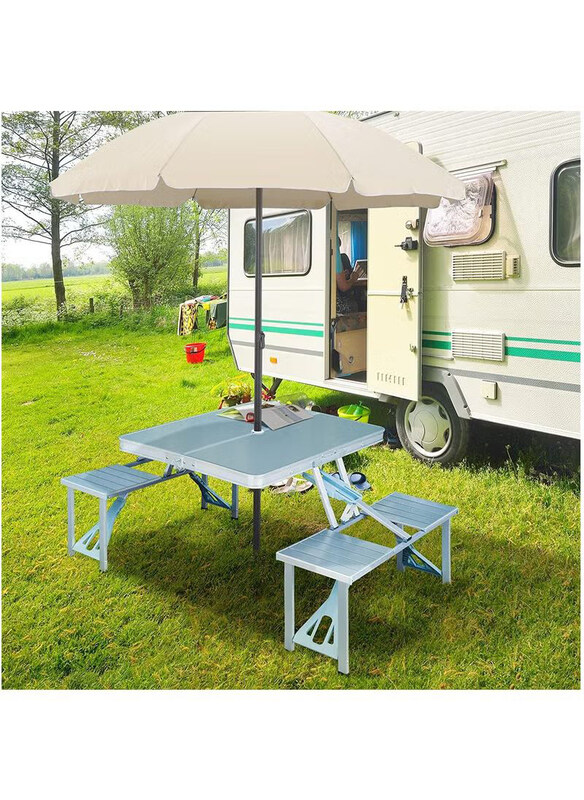 

Dubaigallery Portable Aluminum Alloy Folding Camping Picnic Table with 4 Seats, Garden Umbrella Hole & Soft Handle for Barbecue, Travel & Outing, Mult