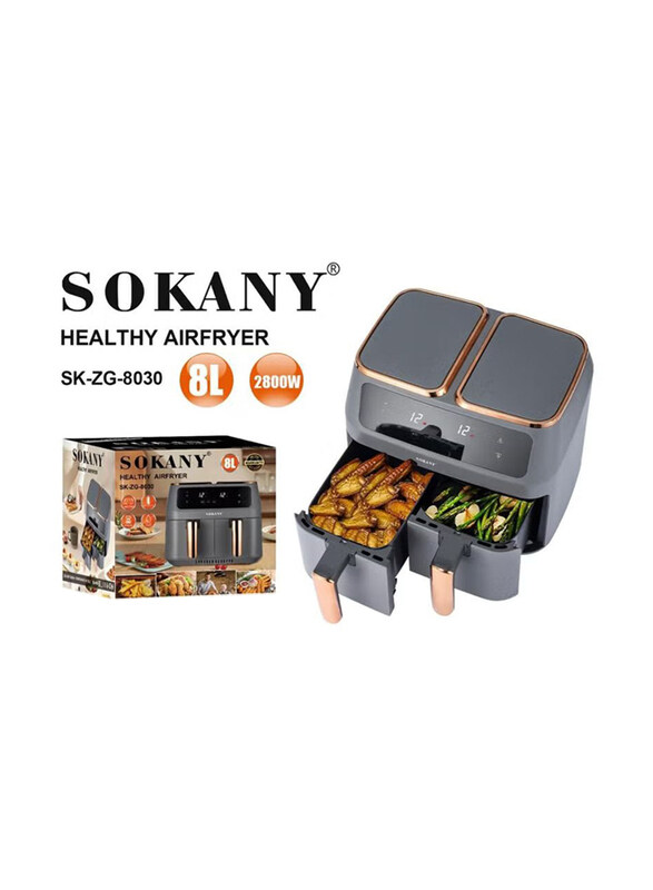 

Sokany 8L Sokany Oil Free Stainless Steel Housing Air Fryer with Big LED Touch Screen for Roasting & Baking, Grey