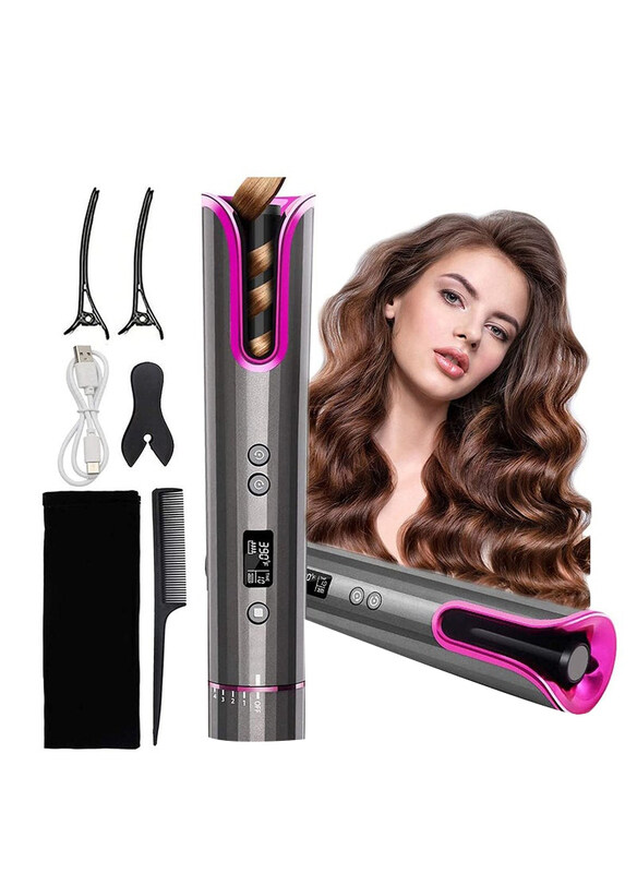 

Generic Cordless Auto Hair Curler with LCD Display and 4 Adjustable Temperature, Silver/Pink