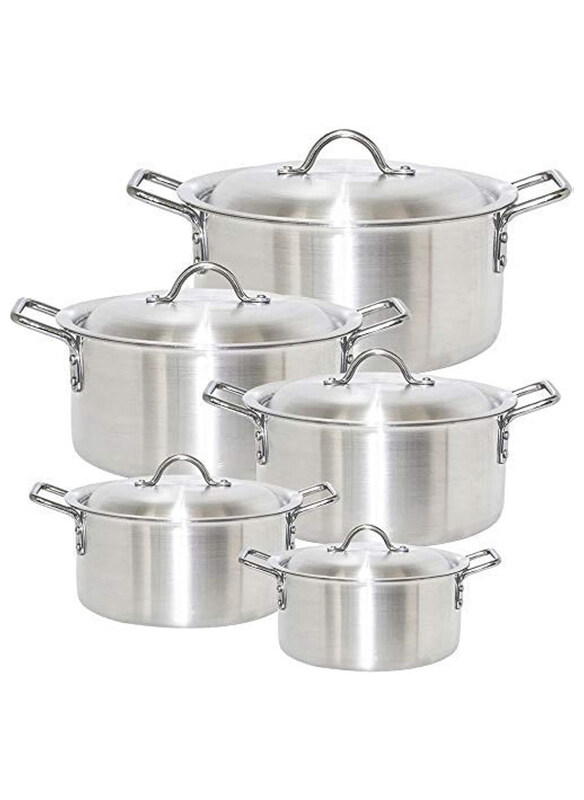 

DubaiGallery 10-Piece Aluminium Cooking Pot Cookware Set with Handles, Silver