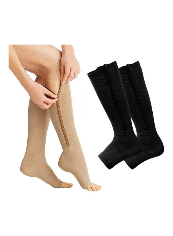 

Generic Zipper Leg Calf Sleeves Toeless Compression Socks, Beige/Black, L, 2 Pair