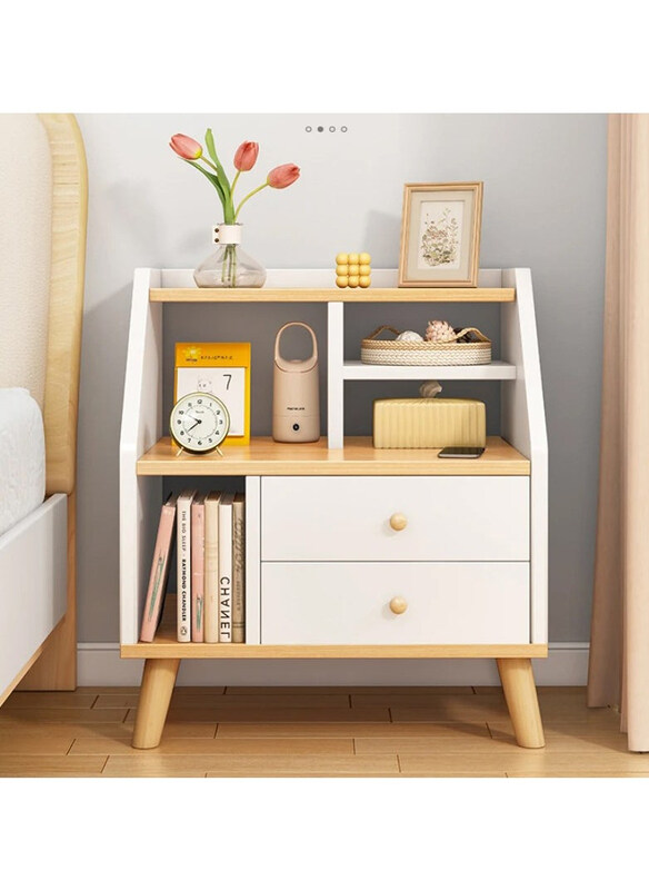 

DubaiGallery Wooden Bedside Table with Drawer and Desk Shelf, White/Beige