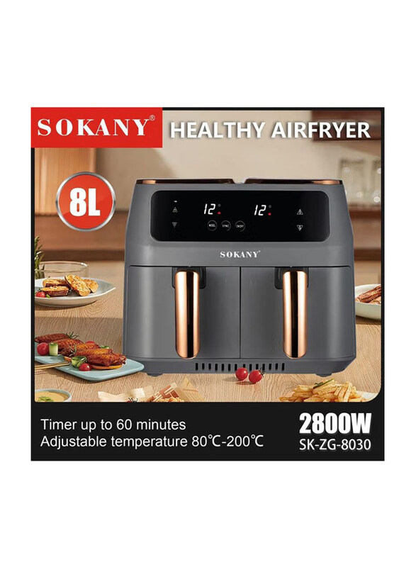 

Sokany 8L Sokany Oil Free Stainless Steel Housing Air Fryer with Big LED Touch Screen for Roasting & Baking, Grey