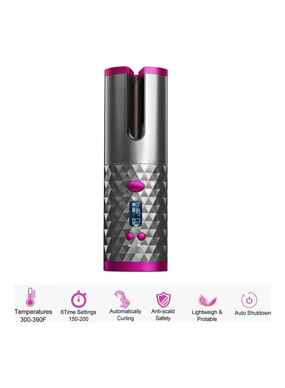 

Arabest Wireless Automatic Portable Ceramic Barrel Hair Curling Wand With LCD Display, Grey/Pink