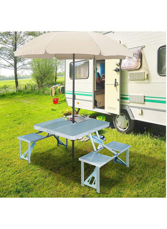 

Dubaigallery Portable Aluminum Alloy Folding Camping Picnic Table with 4 Seats, Garden Umbrella Hole & Soft Handle for Barbecue, Travel & Outing, Mult