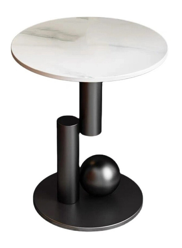 

DubaiGallery Luxurious Round Marble Texture Side Table, White/Black