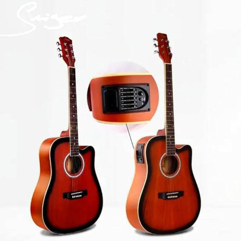 MegArya G40EQ Semi Acoustic Guitar with Bag, TG 10 Amplifier, Capo, Strap & Cable, Rosewood Fingerboard, Red