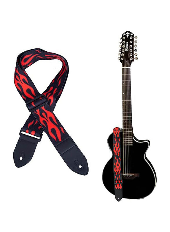 

Generic Flames Crazy Horse Leather Ends Adjustable Guitar Strap Guitar Strap, Red/Black