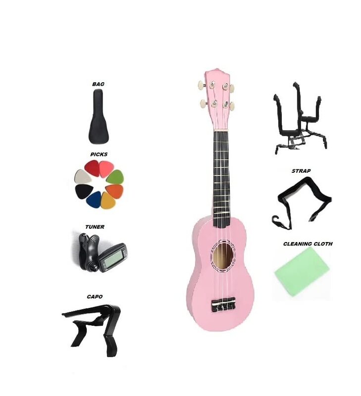 Megarya 21-inch Handmade High Quality Pink Rose Wood Ukulele with Bag/Capo/Strap/Tuner/Picks/Cleaning Cloth and Stand, Pink
