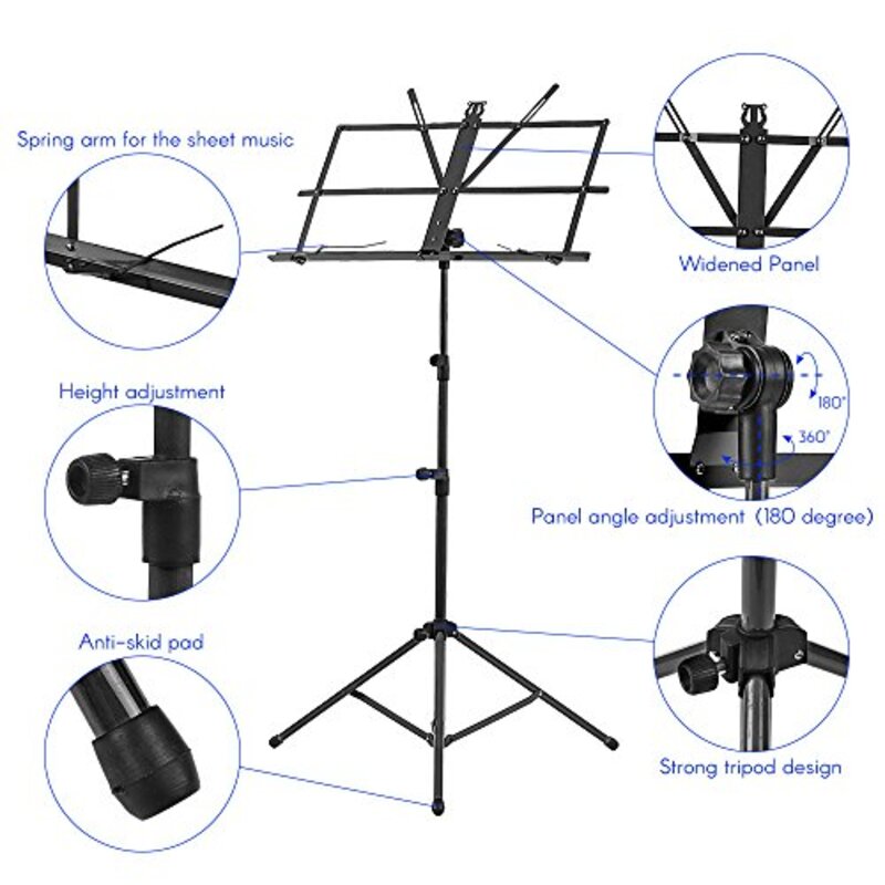 Skeido Lightweight Foldable Sheet Music Tripod Stand Holder with Water Resistant Carry Bag for Violin/Piano/Guitar Instrument Performance, Black