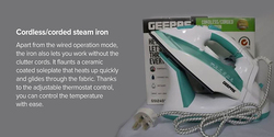 Geepas Cordless Corded Steam Iron with Ceramic Sole, 1500W, GSI24015, Green/White