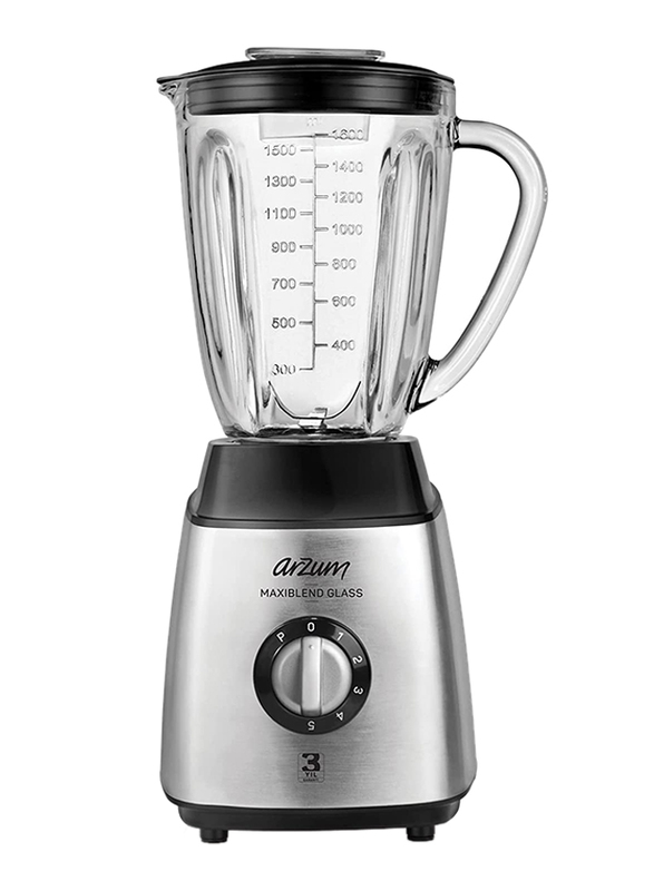 Arzum 1.6L Maxiblend Glass Jug Stainless Steel Blender, 600W, AR1056, Grey/Clear/Black