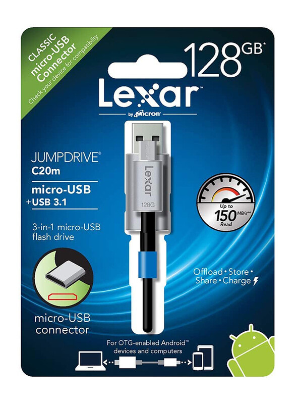 

Lexar 128GB JumpDrive C20m 3 in 1 Micro-USB 3.1 Flash Drive with OTG, Grey