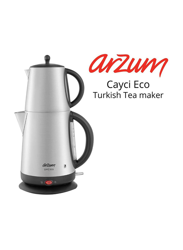 Arzum 1.7L Eco Turkish Stainless Steel Electric Kettle, 2200W, AR3072, Silver/Black