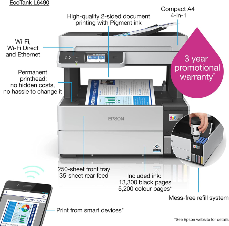 Epson Ecotank L6490 All-in-One Ink Tank Printer, Black/White