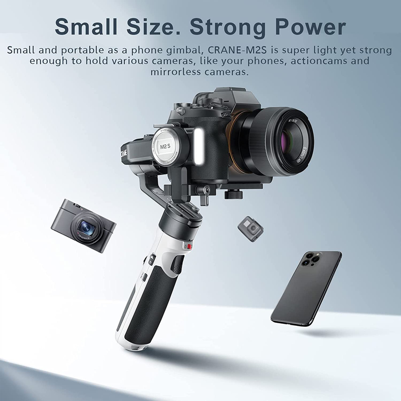 Zhiyun Crane M2S Gimbal Stabilizer for Mirrorless Camera, Action Camera & Smartphone with Integrated Fall Light, Black