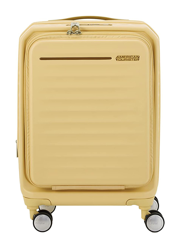 American Tourister Frontec Spinner Polycarbonate Cabin Hard Luggage with Double Optimov Shock Absorption Wheel and TSA Lock, 54cm, Lemonade