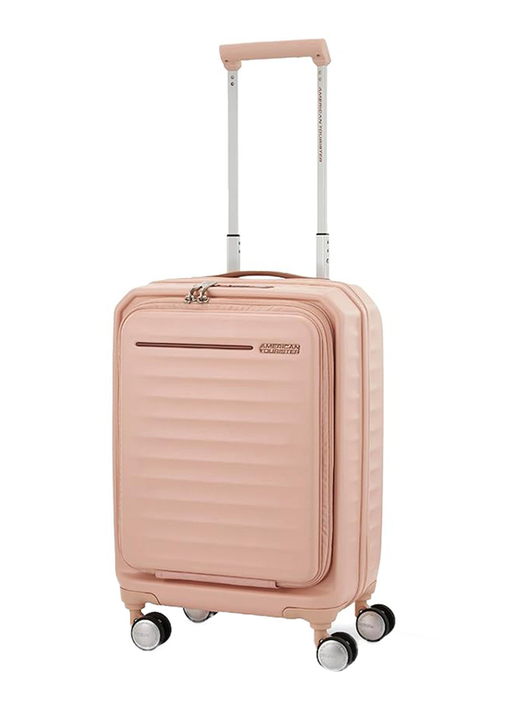 American Tourister Frontec Spinner Polycarbonate Cabin Hard Luggage with Double Optimov Shock Absorption Wheel and TSA Lock, 54cm, Apricot