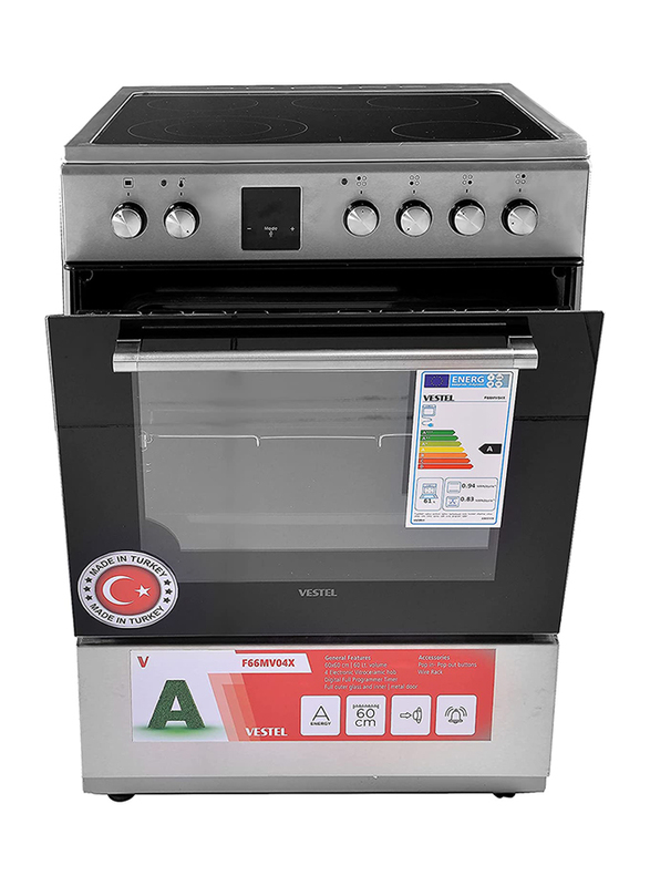 Vestel 4-Burner Hot Plate Free Standing Electric Vitro Ceramic Cooker, F66MV04X, Silver/Black