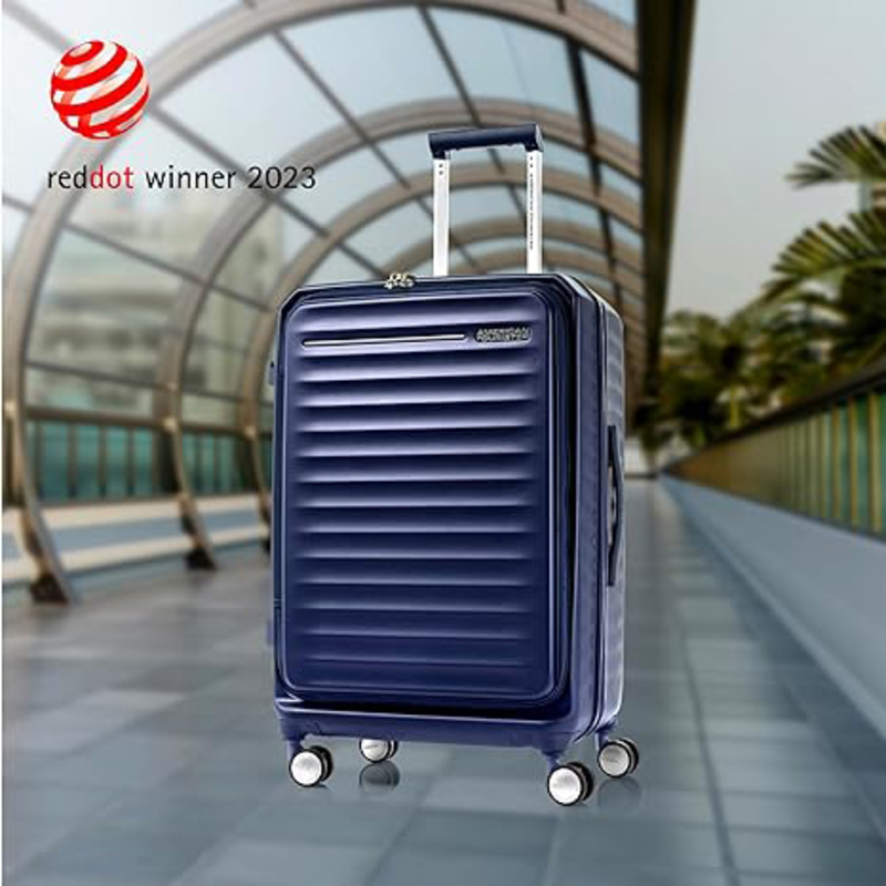 American Tourister Suitcase Frontec Spinner Expandable Carry-On Trolley Suitcase, 54cm, Navy Blue