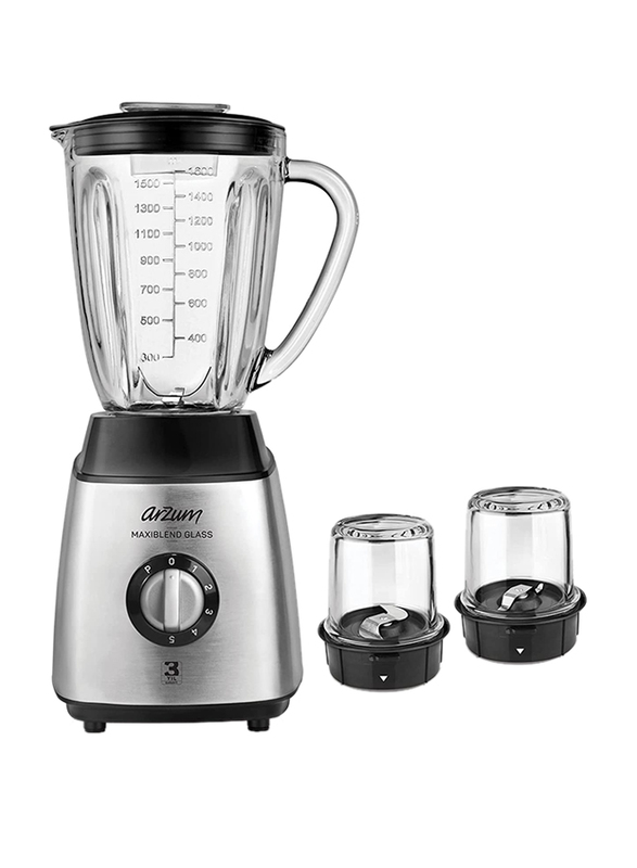 Arzum 1.6L Maxiblend Glass Jug Stainless Steel Blender, 600W, AR1056, Grey/Clear/Black