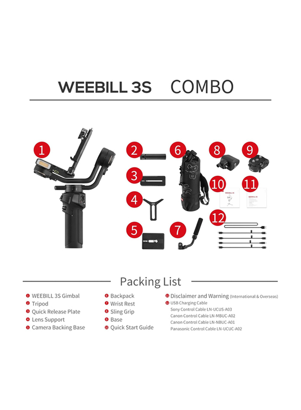 Zhiyun Weebill 3 S 3S Combo, Professional Video Stabilizer, 3-Axis Gimbal with Storage Bag, Wrist Support & Extendable Sling Grip for Canon Sony Panasonic Nikon Fujifilm DSLR, Mirrorless Camera, Black