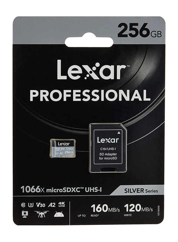Lexar 256GB Professional 1066x Micro SDXC Silver Series UHS-I Memory Card with SD Adaptor, 160MBPS, Black/Silver