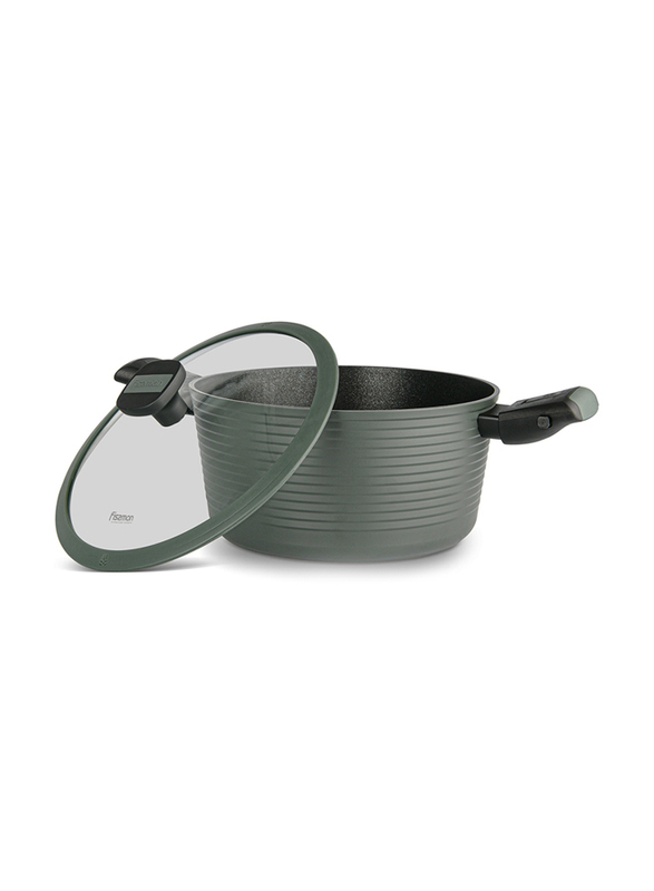 Fissman 28cm/7.1L Brilliant Non-Stick Round Cooking Pot with Detachable Handle Glass Lid, 14383, 43x19.5x28 cm, Green/Black