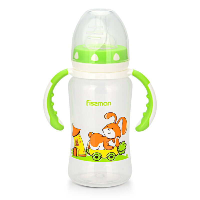 

Fissman Food Grade Plastic Baby Feeding Bottle with Wide Neck and Handles, Green/Clear