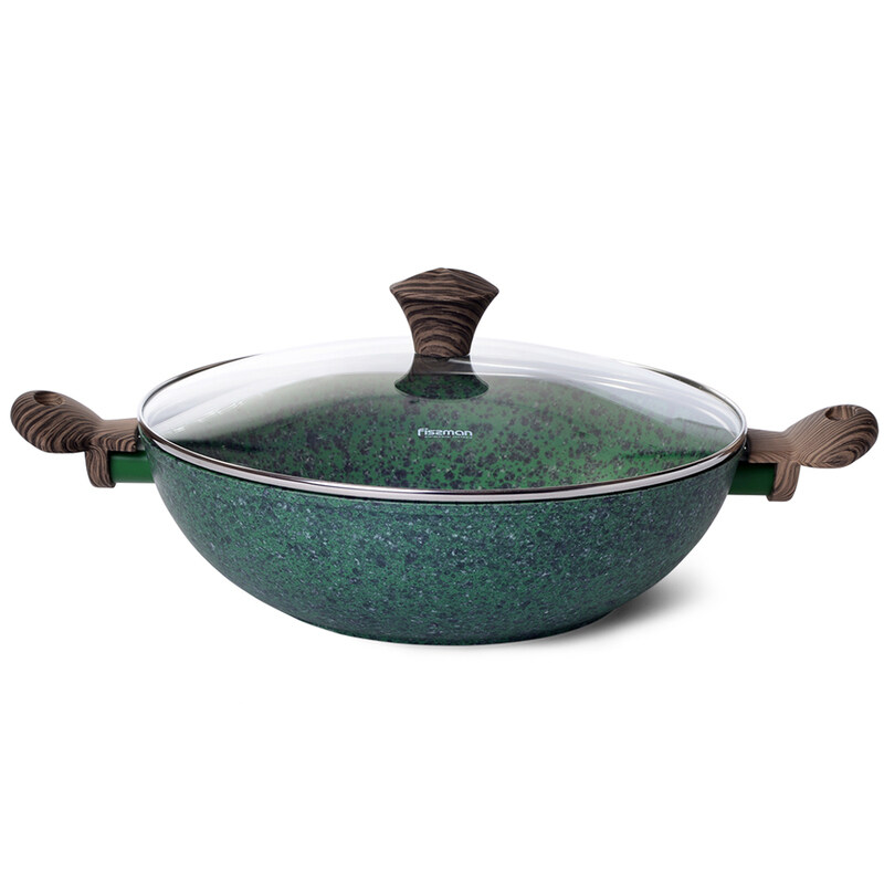 

Fissman 4.8 Ltr Malachite Aluminium Round Wok with Glass Lid, Green/Brown/Clear