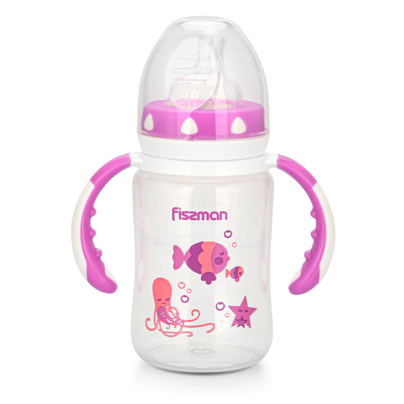 Fissman Baby Food Grade Plastic Baby Feeding Bottle with Wide Neck and Handles, Pink/Clear