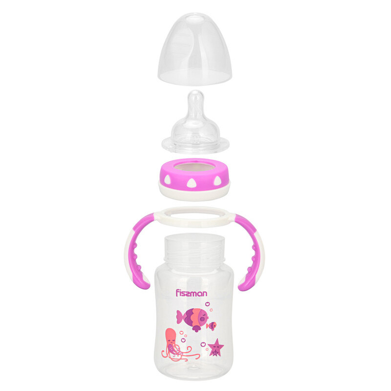 Fissman Baby Food Grade Plastic Baby Feeding Bottle with Wide Neck and Handles, Pink/Clear