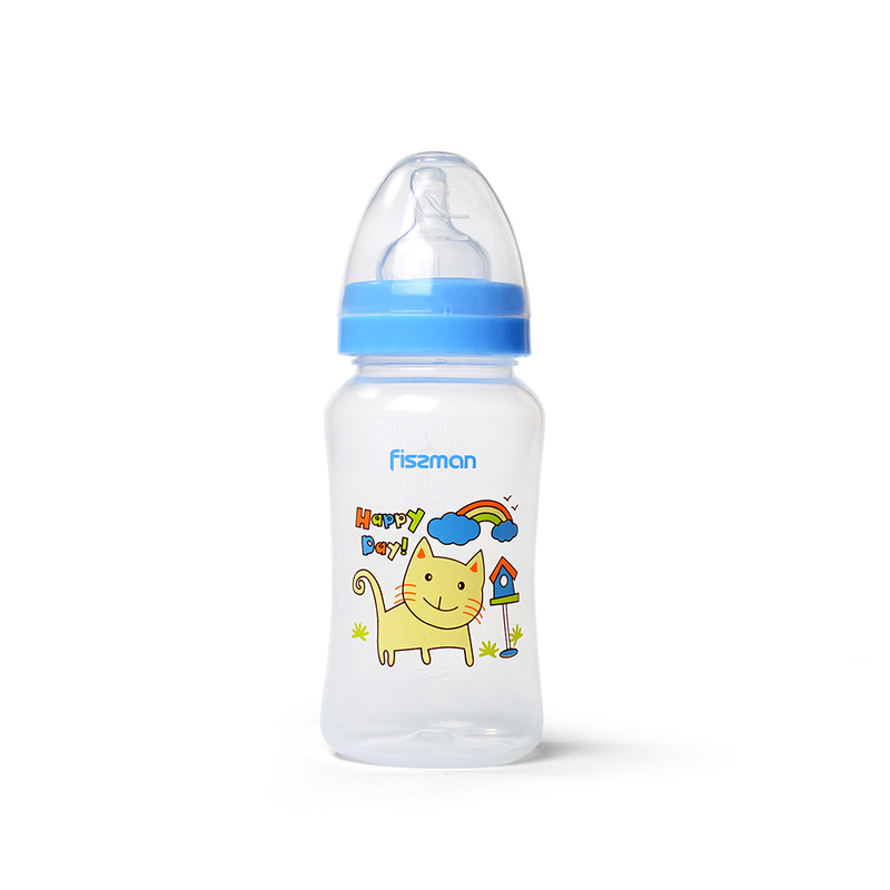 Fissman Baby Feeding Bottle with Wide Neck, 300ml, Clear/Blue