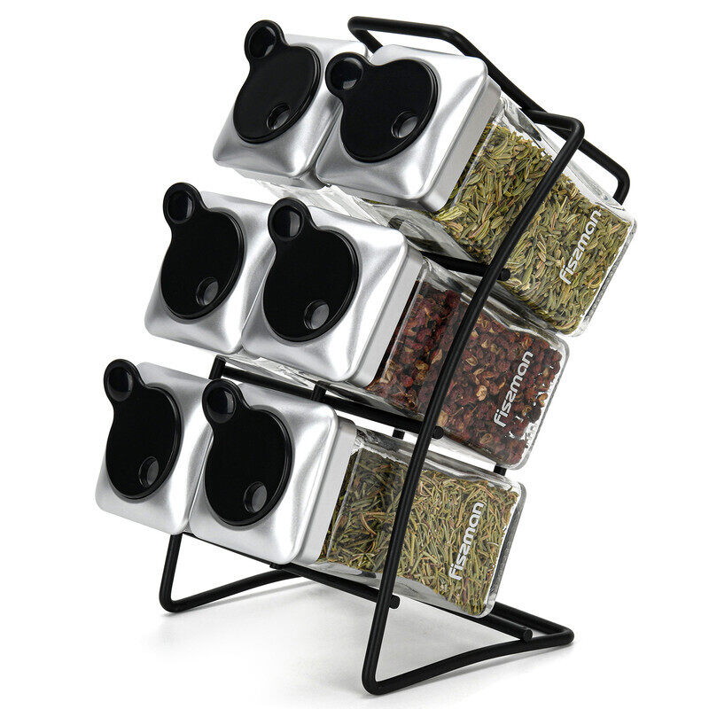 

Fissman 6-Piece Glass Condiments Organizer with Stand, Clear/Black