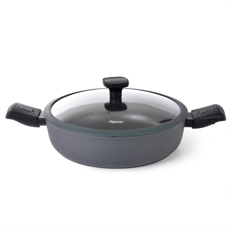 

Fissman 4.1 Ltr Brilliant Shallow Aluminium Casserole with Detachable Handles and Glass Lid, 43x14x28.5 cm, Black