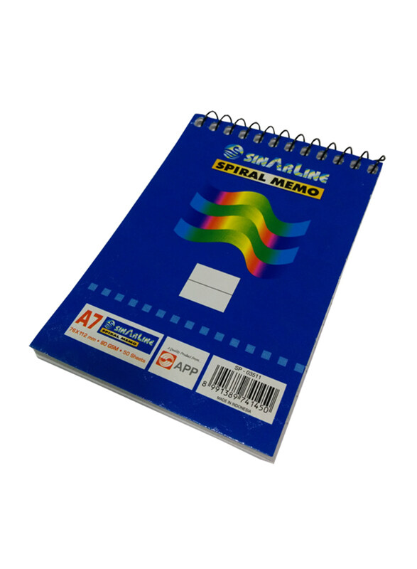 

Sinarline Top Spiral Notebook, 76 x 112mm, 50 Sheets, 60 GSM, A7 Size, SP03511, Blue