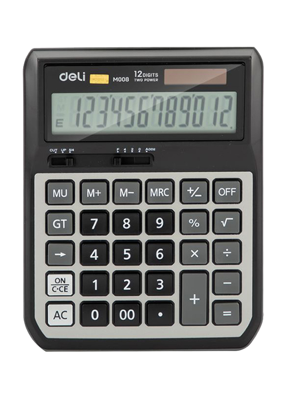 Deli 12-Digit Desktop Calculator with Dual Power Supply, EM00820, Grey