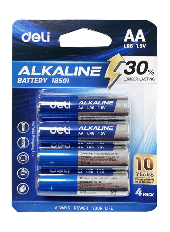 Deli 4 Piece AA LR6 18501 Alkaline Battery, Blue