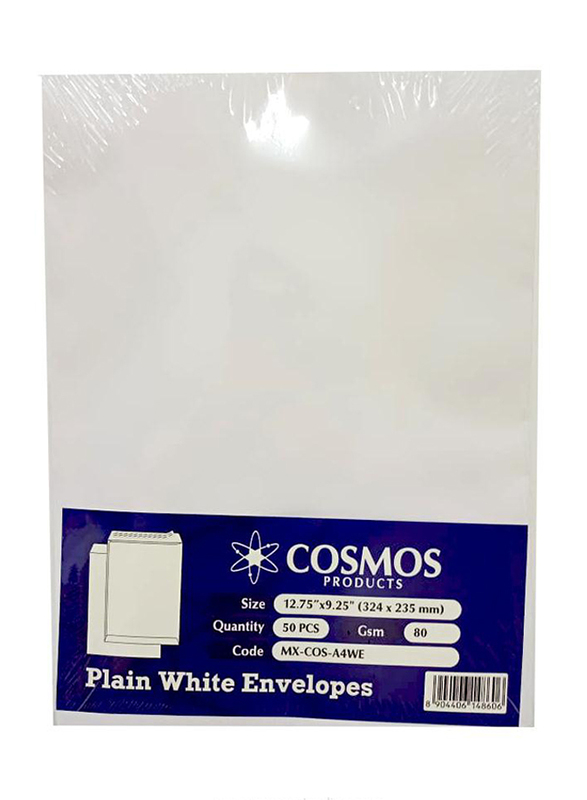 Cosmos Peel N Seal Envelopes, 12.75 x 9.25 inch, 80 GSM, A4 Size, 50 Pieces, White