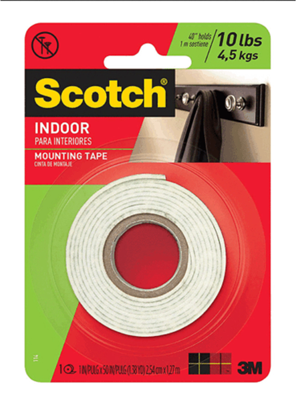 3M Scotch 2.5cmx1.27m Indoor Double Sided Mounting Tape, White