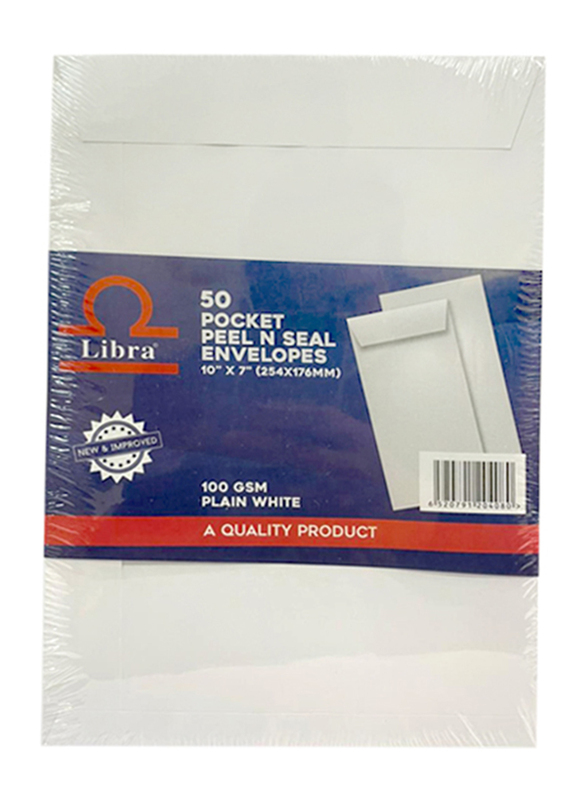 Libra Pocket Peel N Seal Envelops, 254 x 176mm, 100 GSM, 50 Pieces, Plain White