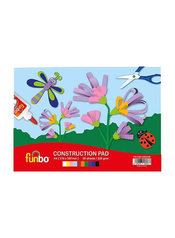 Funbo Construction Pad, 220gsm, A4, 20 Sheets, 10 Piece, Assorted Colours