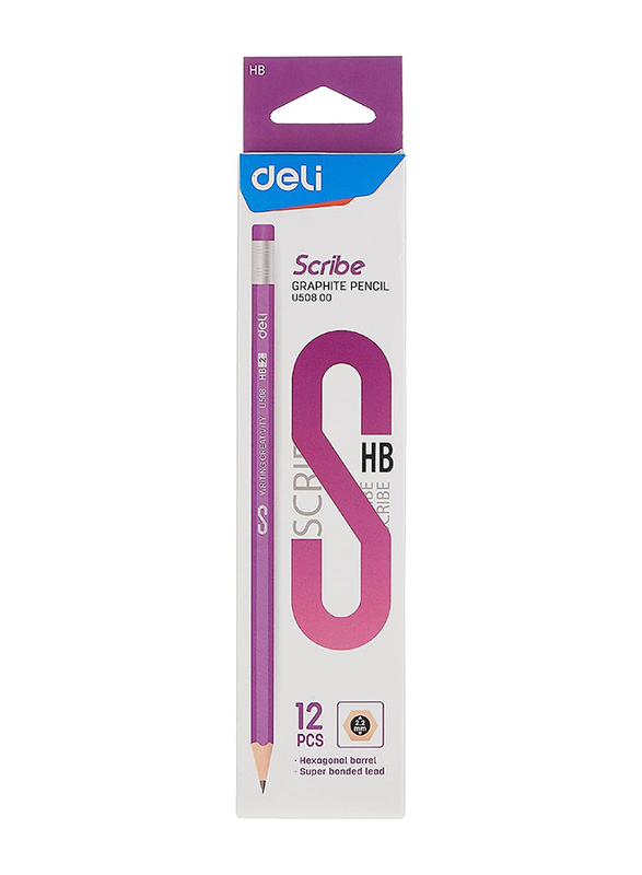 Deli 12-Piece HB Scribe Graphite Pencil With Eraser Set, Purple